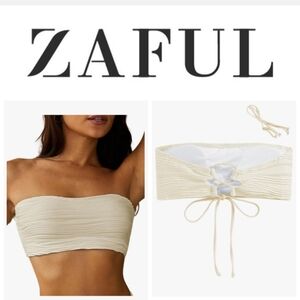 ZAFUL Women Textured Bandeau Bikini Top Lace up Strapless Swimsuit Solid Color 6